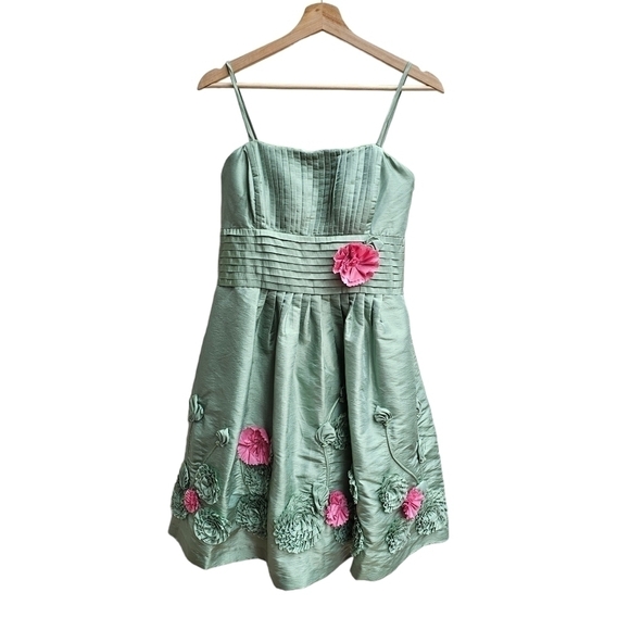 Bill Levkoff Strapless Taffeta with 3D Floral Applique, Green with Pink, Size XS - Picture 1 of 14